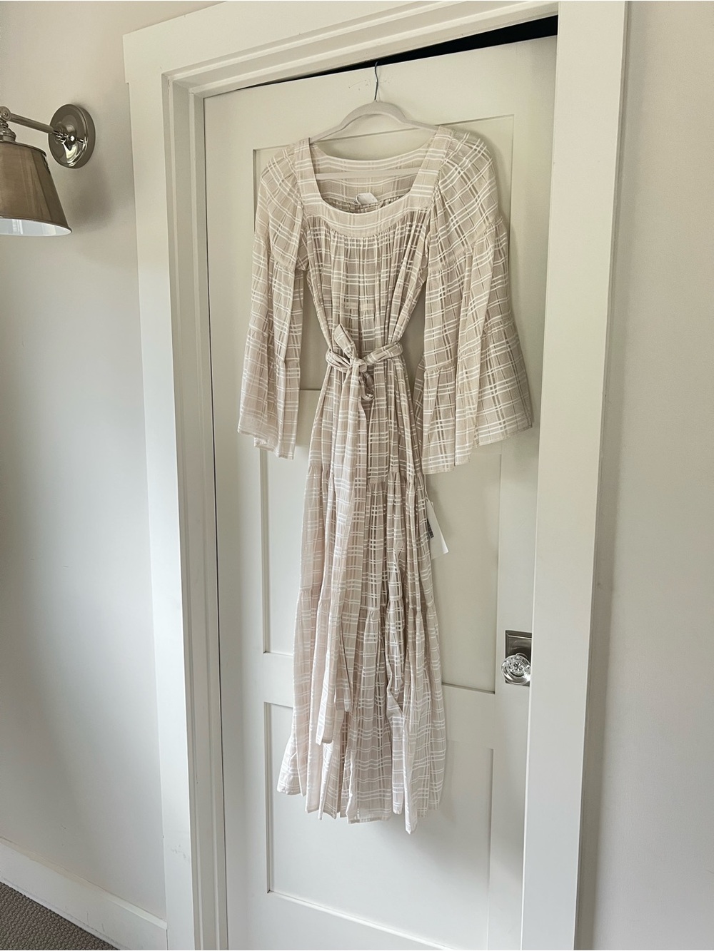 Lisa Marie Fernandez Beige Plaid Midi Dress with Tie Waist